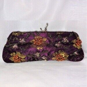 NWOT eBISU Purple Beaded Clutch Handbag with Chain Strap Boho Party Wedding Chic